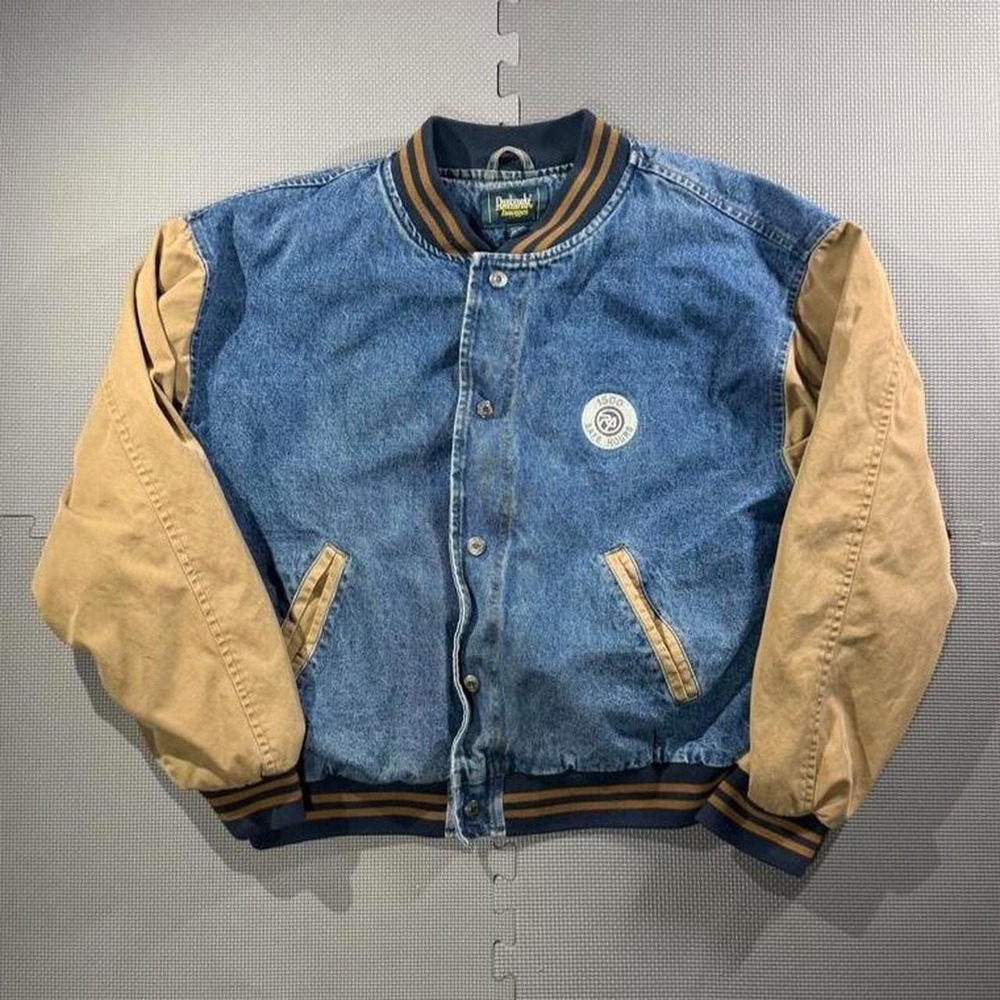 Dunbrooke Vintage Denim Canvas Varsity Jacket Mens XL Blue Tan Bomber Streetwear